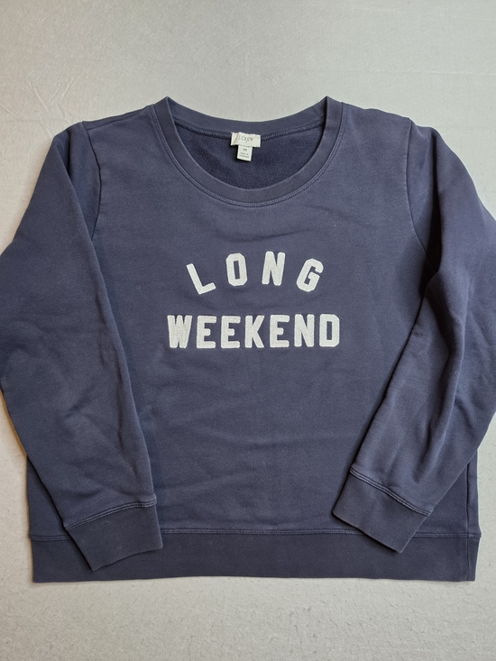 J. Crew Sweaters - Womens J Crew 'LONG WEEKEND' Navy Graphic Sweatshirt Size Medium